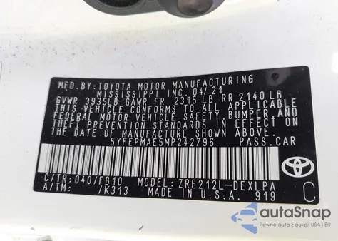 2021 Toyota Corolla Le z USA, uszkodzony, nr VIN 5YFEPMAE5MP242796